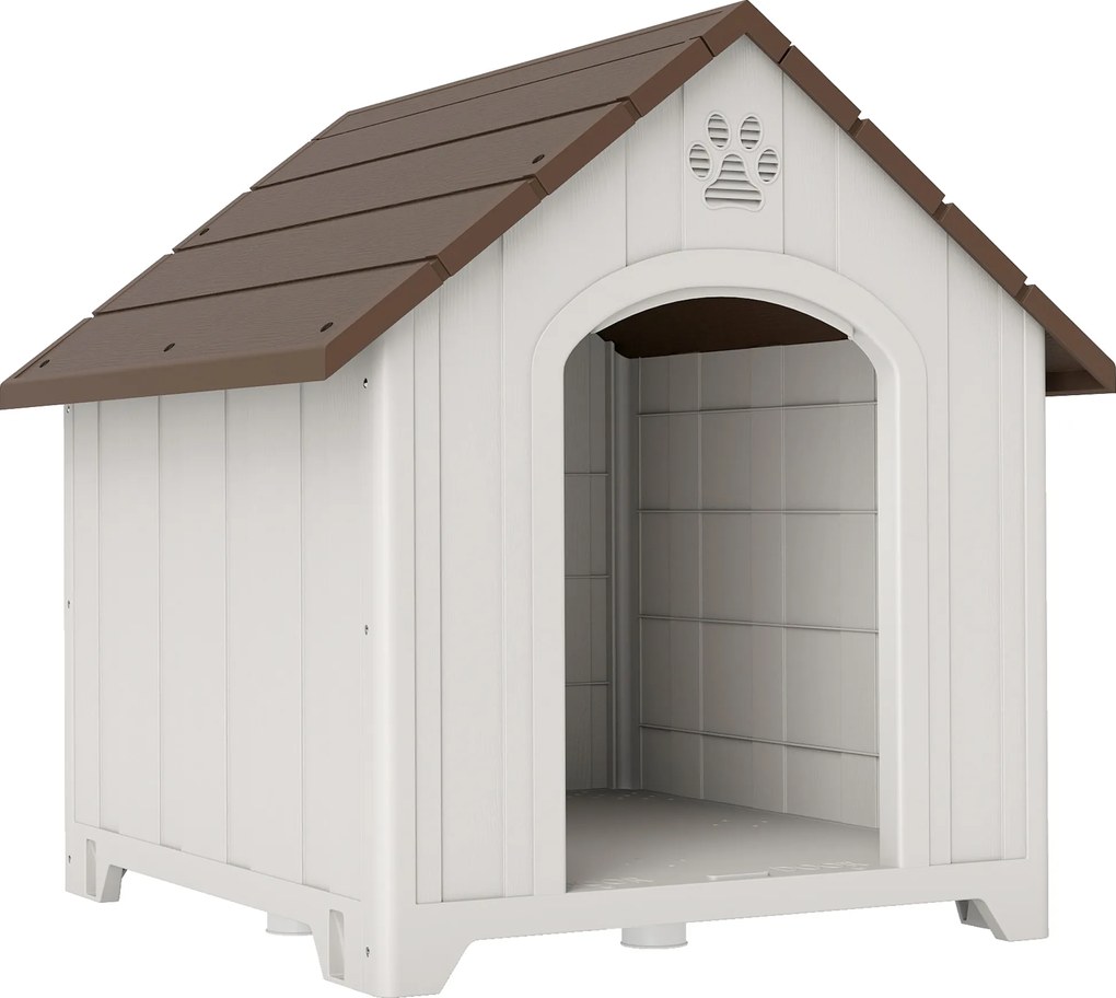 PawHut Casetă pentru câini de exterior Casă pentru câini mari din plastic cu 2 ferestre Bază ridicată Țăruși Maro închis | Aosom Romania