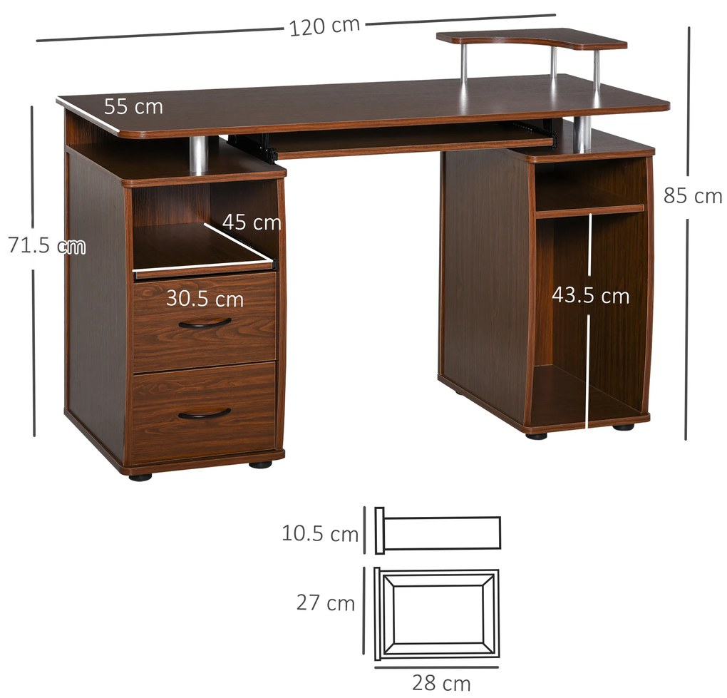 HOMCOM Masă de Birou Modernă cu Suport pentru Computer, Sertare, Poliță Extensibilă și Suport pentru Tastatură, 120x55x85 cm, Maro | Aosom Romania