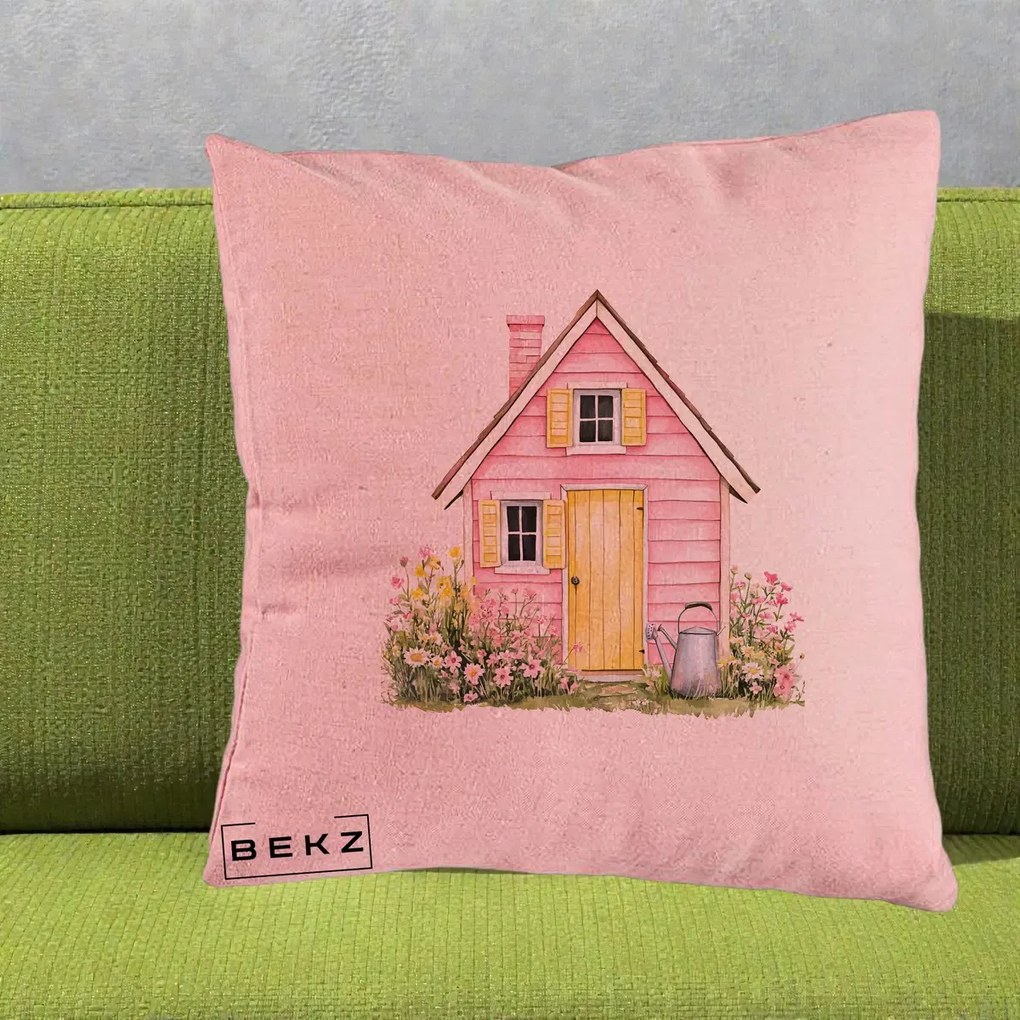 Perna Decorativa Casuta Roz Acuarela cu Gradina, 40x40 cm, Roz, Husa Detasabila, Perna Inclusa, BEKZ®