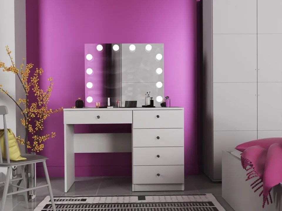 SEA533 - Set Masa toaleta, 110 cm, cu manere tip Cristal, masuta cosmetica machiaj, vanity cu sau fara scaun, oglinda cu LED-uri - Alb