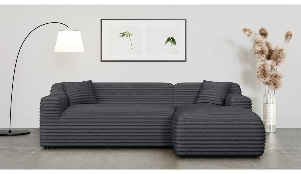 Colțar gri închis cu tapițerie din catifea reiată (cu colț pe partea dreaptă, cu șezlong) Martin – Ropez