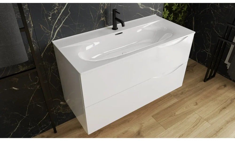 Set dulap baza suspendat Rune Asger 2 sertare 80 cm alb lucios si lavoar alb