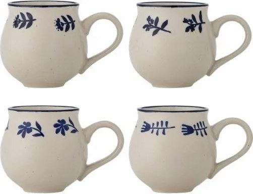 Set 4 căni din ceramică artizanală natur cu motive botanice albastre pictate manual și margine albastră, 9,5×9 cm, "Eimy"