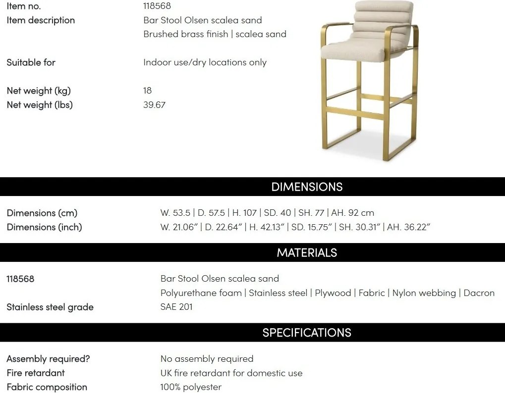 Scaun de bar elegant design LUX Olsen, scalea sand