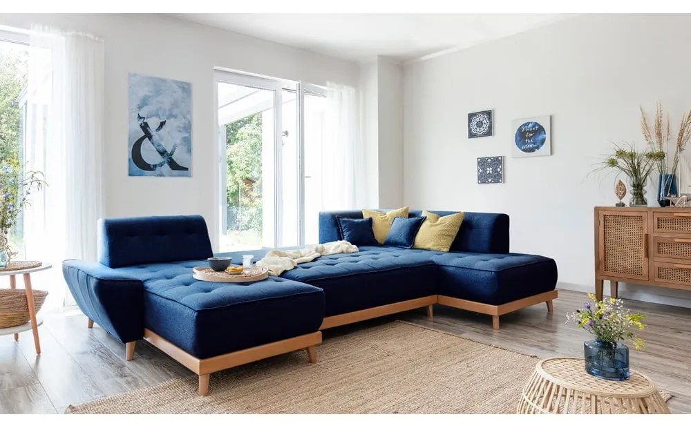 Canapea extensibilă în formă de "U" cu șezlong pe partea dreaptă Miuform Dazzling Daisy, albastru petrol