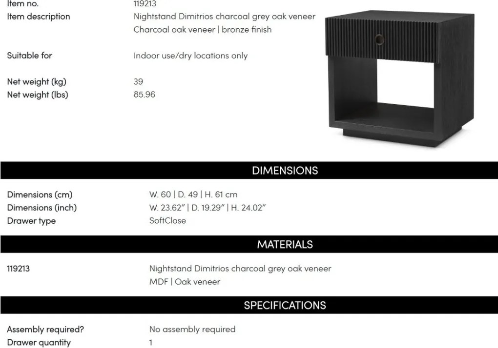 Noptiera design LUX, Furnir de stejar gri carbune, Dimitrios