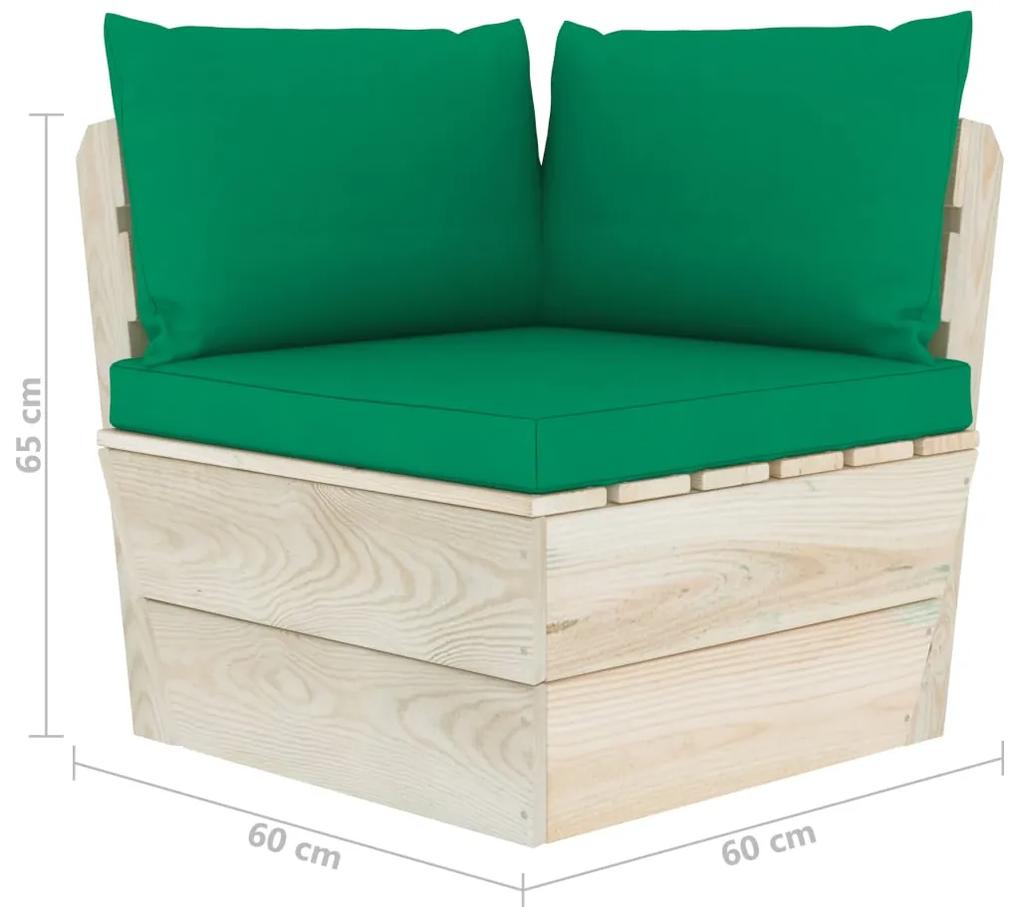 Set mobilier gradina din paleti cu perne, 4 piese, lemn molid Verde, colt + mijloc + suport pentru picioare + masa, 1