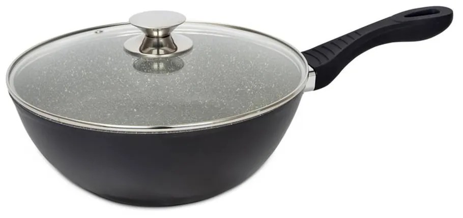 Tigaie Wok, 26 cm, Interior din Granit (Anti-Aderent), Mâner Ebonită, Capac din Sticlă Termorezistentă, Bază 3 Straturi (Inducție), Negru