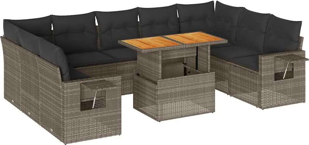 vidaXL Set mobilier de grădină cu perne, 10 piese, gri, poliratan