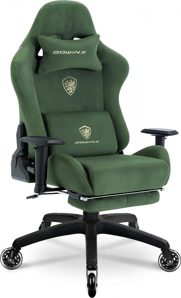 DOWINX 68A - Scaun Gaming Ergonomic, Extra-Lat și Construcție Heavy-Duty, Masaj in perna lombara, Material Textil respirabil, Suport picioare, Roti Silicon, Rezistent 150 kg, Verde