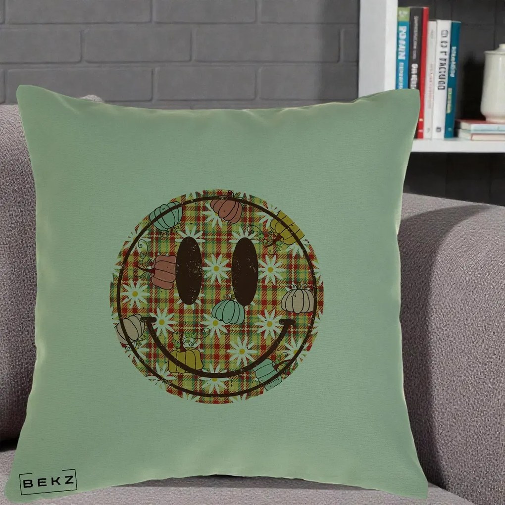 Perna Decorativa Smiley Face de Toamna cu Tartan si Dovlecei, 40x40 cm, Verde, Husa Detasabila, Perna Inclusa, BEKZ®