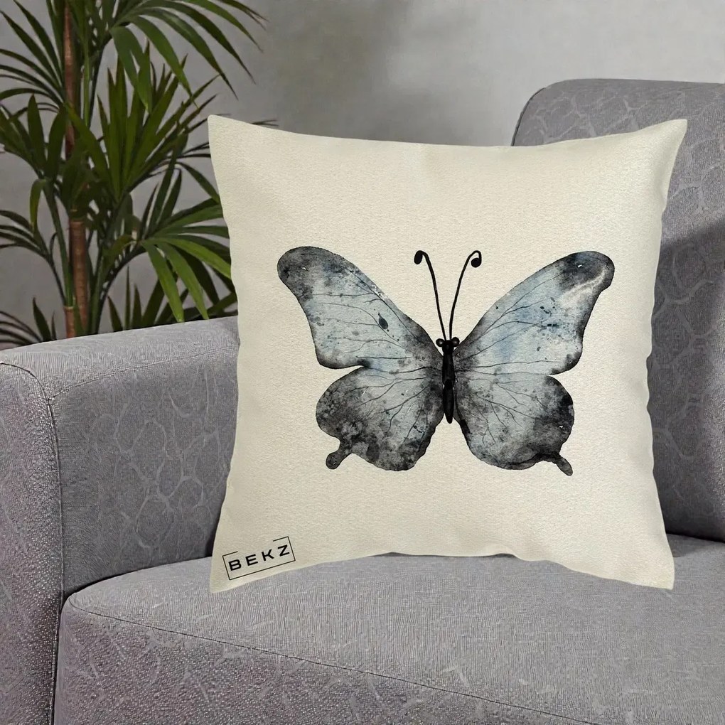 Perna Decorativa Fluture Acuarela Albastru-Gri, 40x40 cm, Ecru, Husa Detasabila, Perna Inclusa, BEKZ®