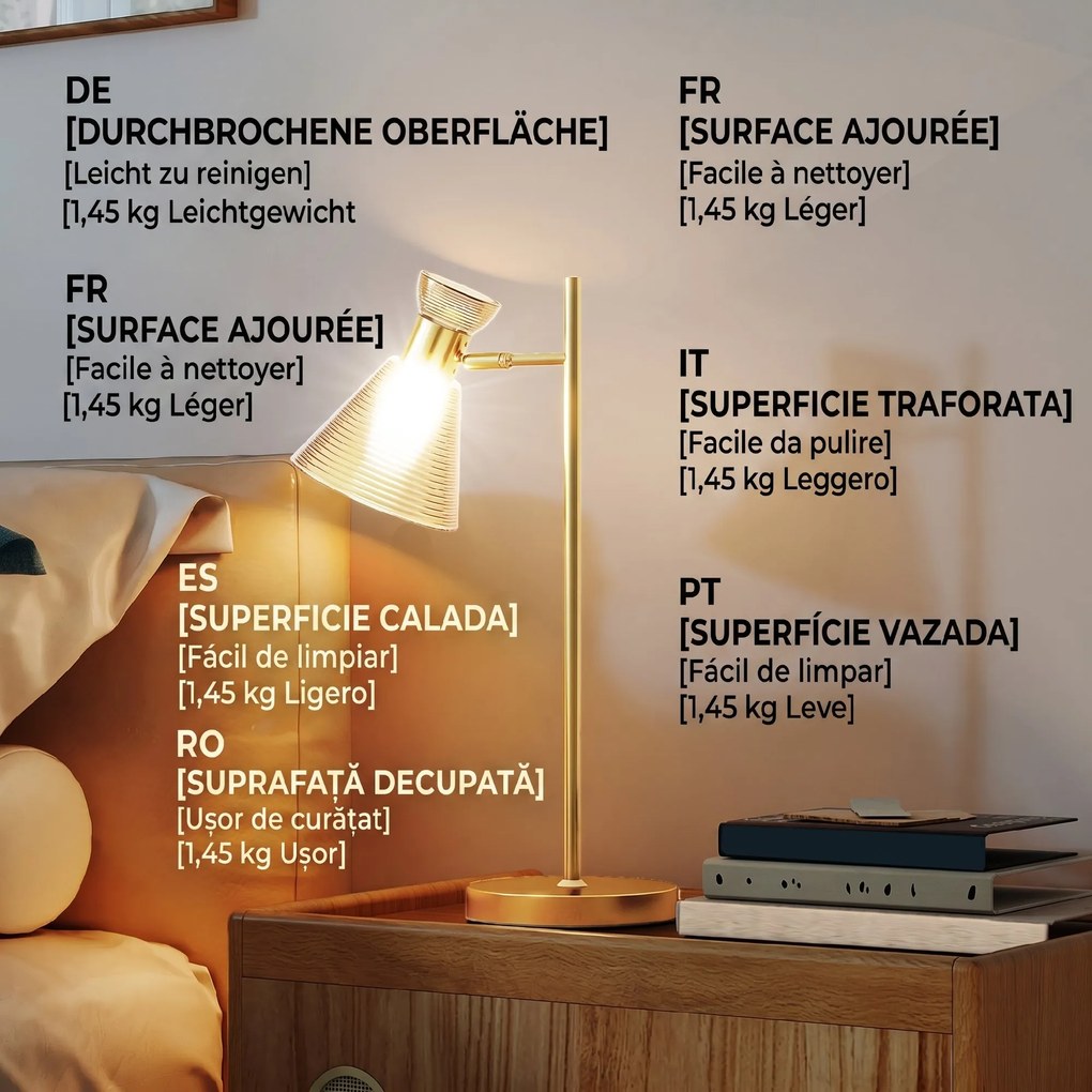 HOMCOM Lampă de Masă Modernă cu Abajur Reglabil din Sticlă Ambrată și Satinată, Suport E27, Aur | Aosom Romania
