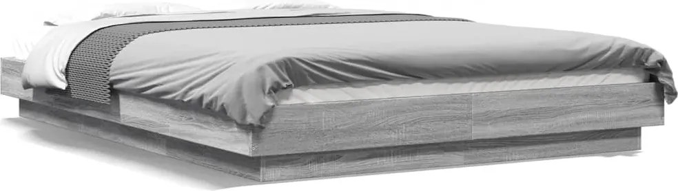 vidaXL Cadru de pat cu LED, gri sonoma, 135x190 cm, lemn prelucrat