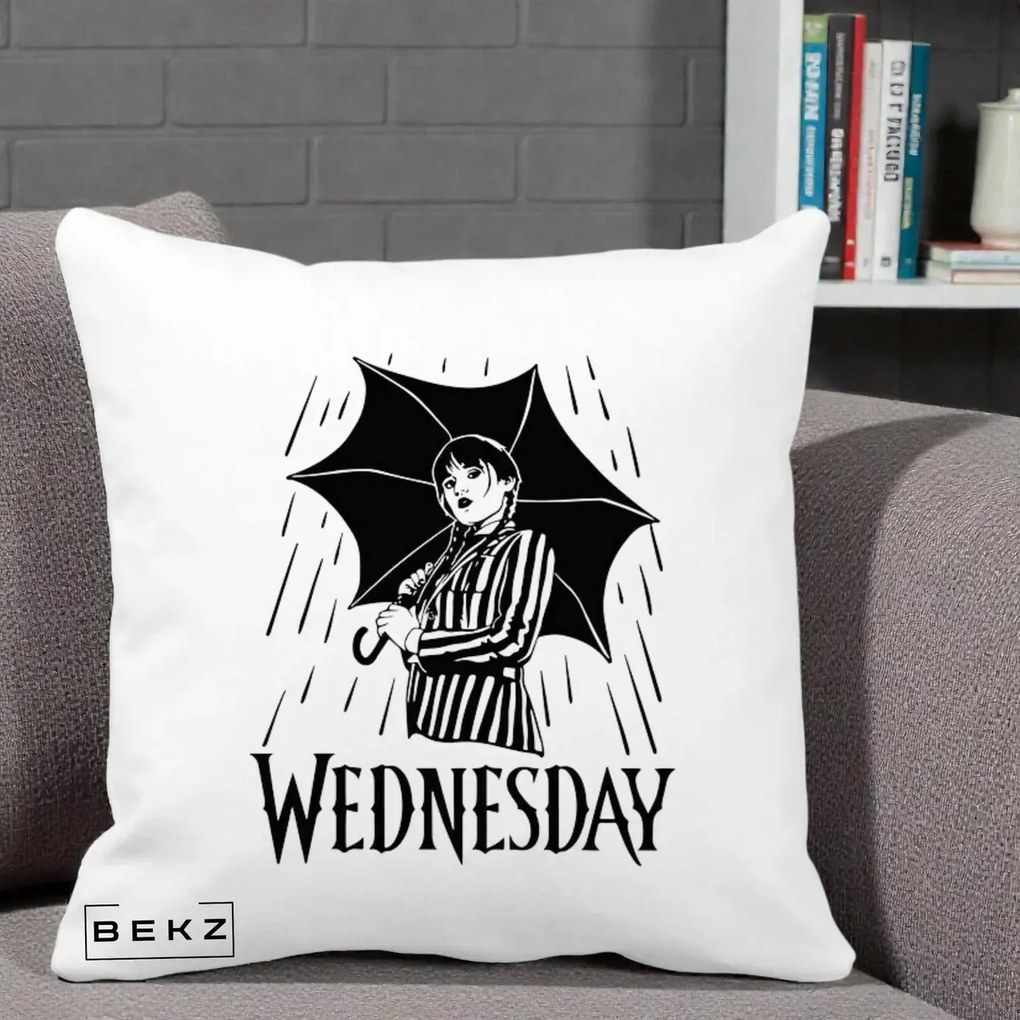 Perna Personalizata Wednesday cu Umbrela Ploaie Lineart, 40x40 cm, Alba Mata, Husa Detasabila, Perna Inclusa, BEKZ®