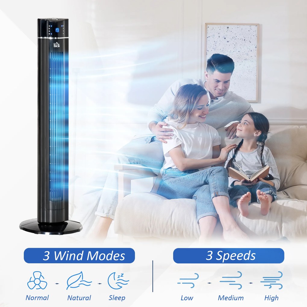 HOMCOM Ventilator Coloană Ionizator cu 3 Viteze, 3 Moduri și Temporizator 8h, Ventilator Podea ABS, Ø32x106.8 cm, Negru