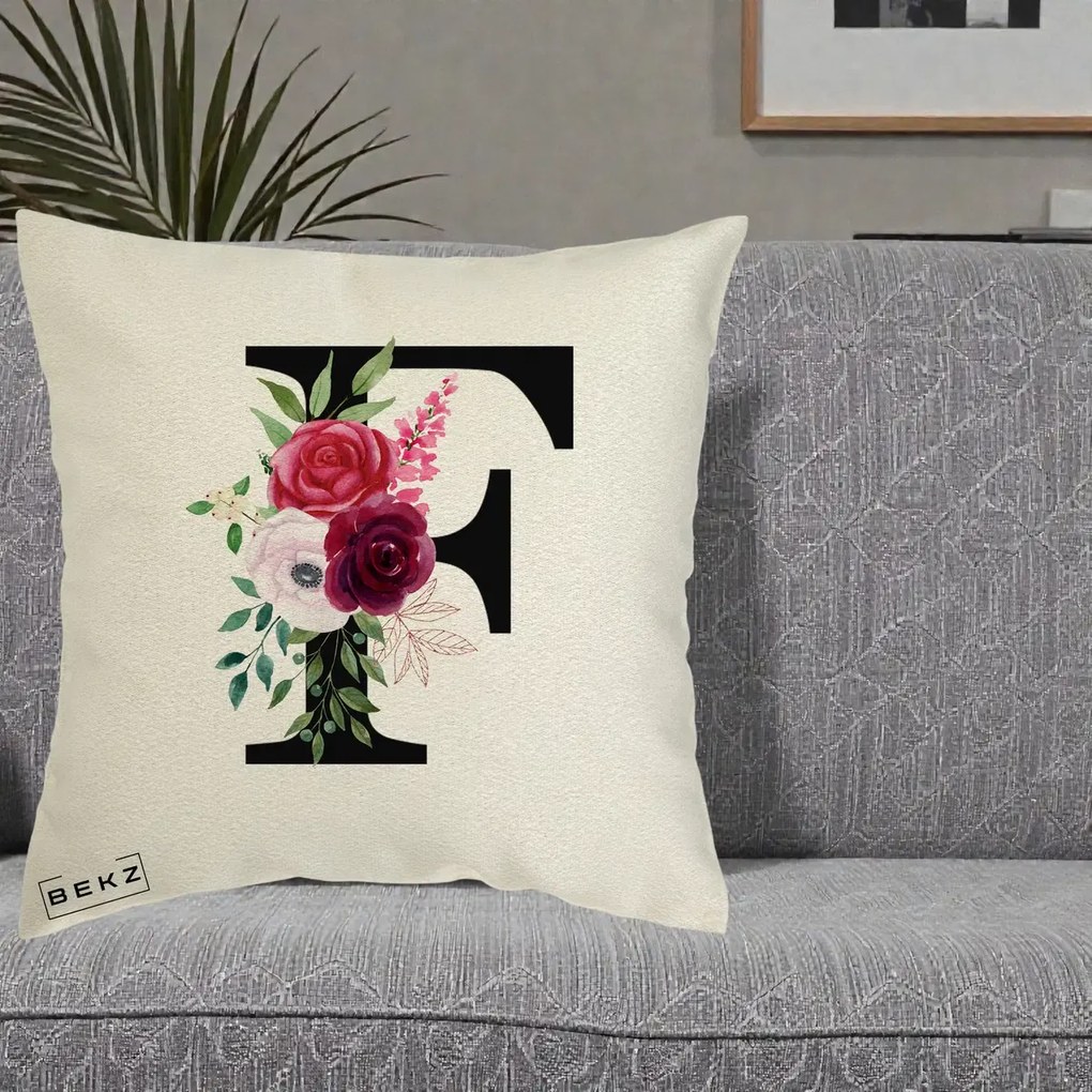 Cadou Personalizat - Perna Personalizata Monograma Florala Litera F, 40x40 cm, Ecru, Husa Detasabila, Perna Inclusa, BEKZ®