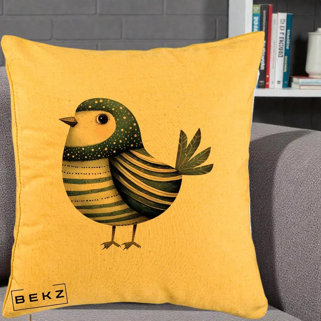 Perna Decorativa Pasare Teal Decorativa Dungata, 40x40 cm, Galben, Husa Detasabila, Perna Inclusa, BEKZ®