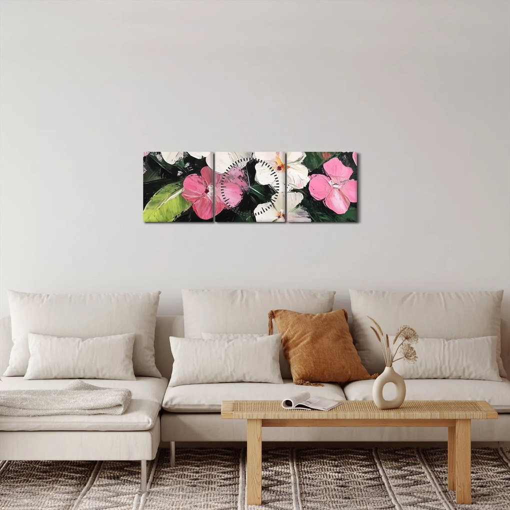 Tablou - Flori roz și albe (cu ceas) (90x30 cm)