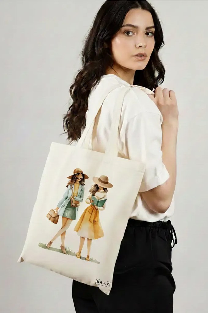 Sacosa de Panza pentru Cumparaturi, Geanta Tote, model The bookie girl 29 38 x 34.5 cm, Alba, BEKZ®