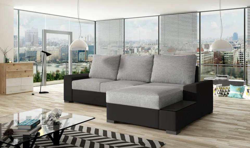 Coltar extensibil, cu spatiu pentru depozitare, 245x160x90 cm, Negro R02, Eltap (Culoare: Gri deschis texturat / Alb)