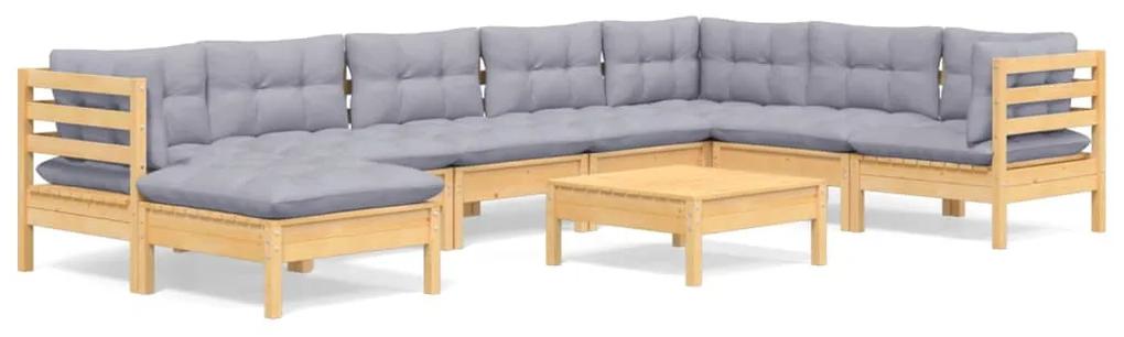 3096664 vidaXL Set mobilier de grădină cu perne gri, 9 piese, lemn masiv pin
