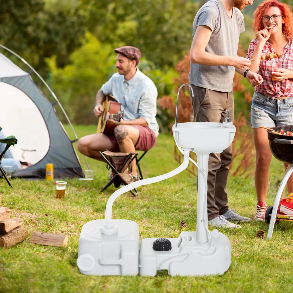 Chiuveta Portabila de Camping cu 2 roti, Rezervor de Apa de 17 litri, Rezervor de Sapun 83x50x103cm Outsunny | Aosom Romania