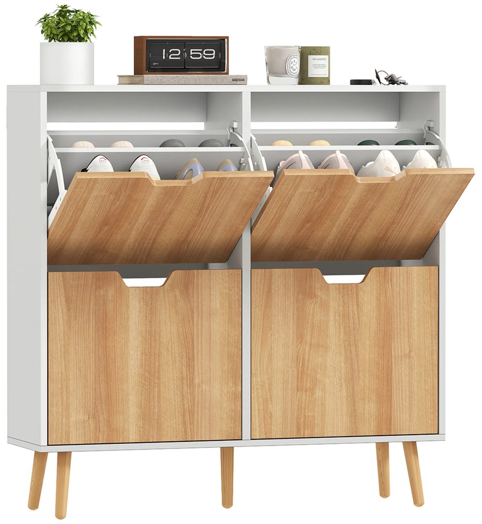 HOMCOM Dulap pentru pantofi 4 uși rabatabile 16 perechi cu etajeră reglabilă picioare din lemn de pin 95 x 26 x 95 cm natural | Aosom Romania