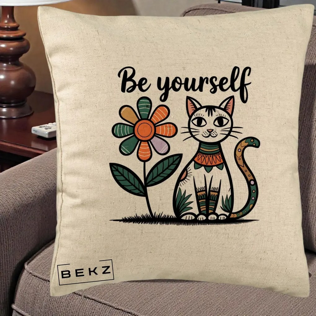 Perna Personalizata Be Yourself Pisica Folk, 40x40 cm, Bej, Husa Detasabila, Perna Inclusa, BEKZ®