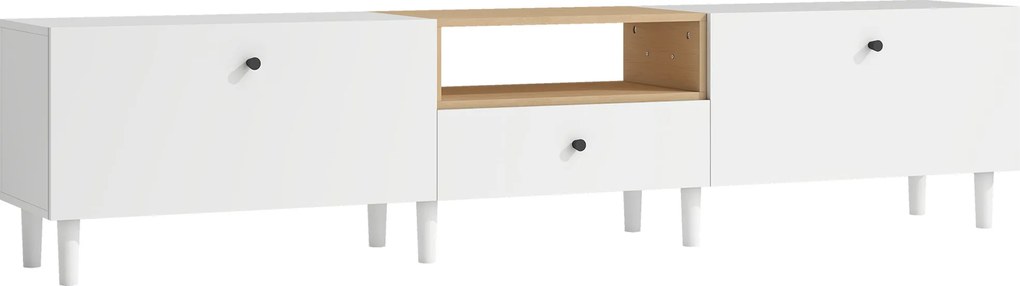 HOMCOM Comodă TV 200 cm pentru televizoare până la 228,6 cm, 2 compartimente rabatabile, spațiu deschis, sertar, 8 picioare, placă aglomerată, alb | Aosom Romania