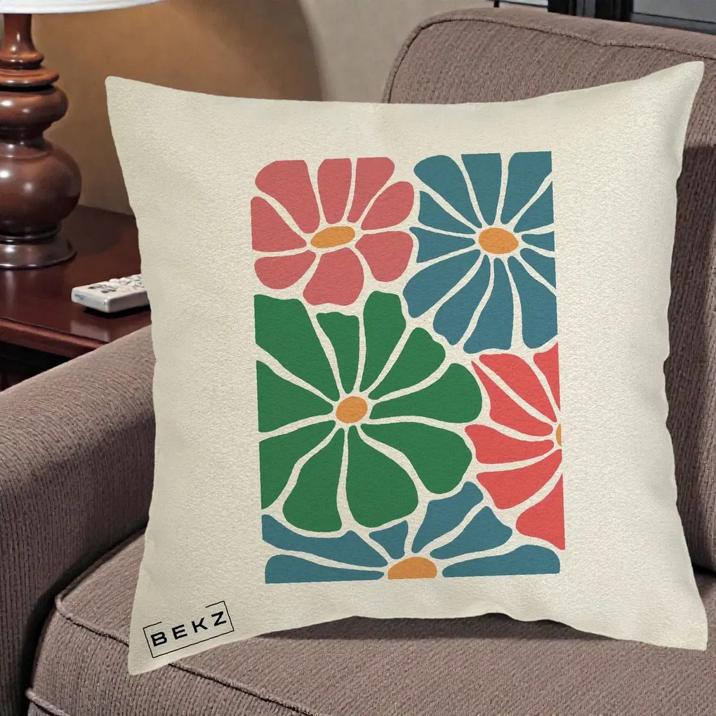 Perna Decorativa Flori Grafice Verde-Roz-Albastru, 40x40 cm, Ecru, Husa Detasabila, Perna Inclusa, BEKZ®