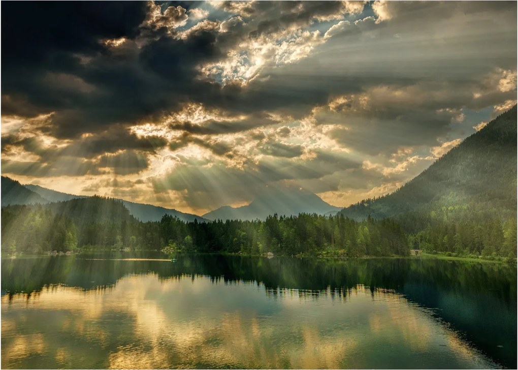 Tablou pe sticlă cu lac și soarele translucid (70x50 cm)