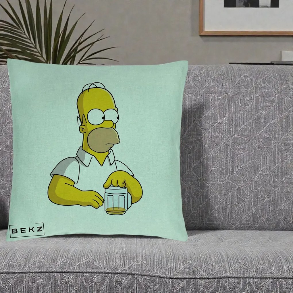 Perna Personalizata Homer Simpson cu Bere, 40x40 cm, Verde Menta, Husa Detasabila, Perna Inclusa, BEKZ®