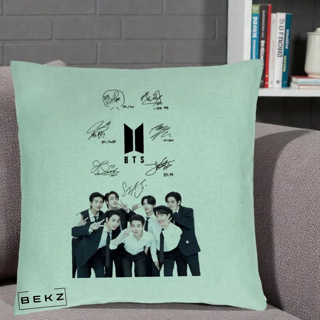 Perna Personalizata K-pop BTS Autografe Toti Membrii cu Fotografie, 40x40 cm, Verde Menta, Husa Detasabila, Perna Inclusa, BEKZ®