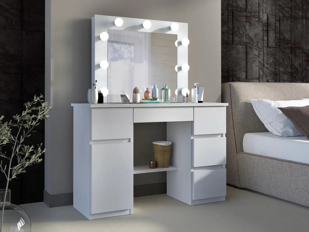 SEA546 - Set Masa toaleta, 120 cm, moderna cosmetica machiaj oglinda, masuta vanity, oglinda 9 LED, cu sau fara Priza, cu sau fara scaun - Alb