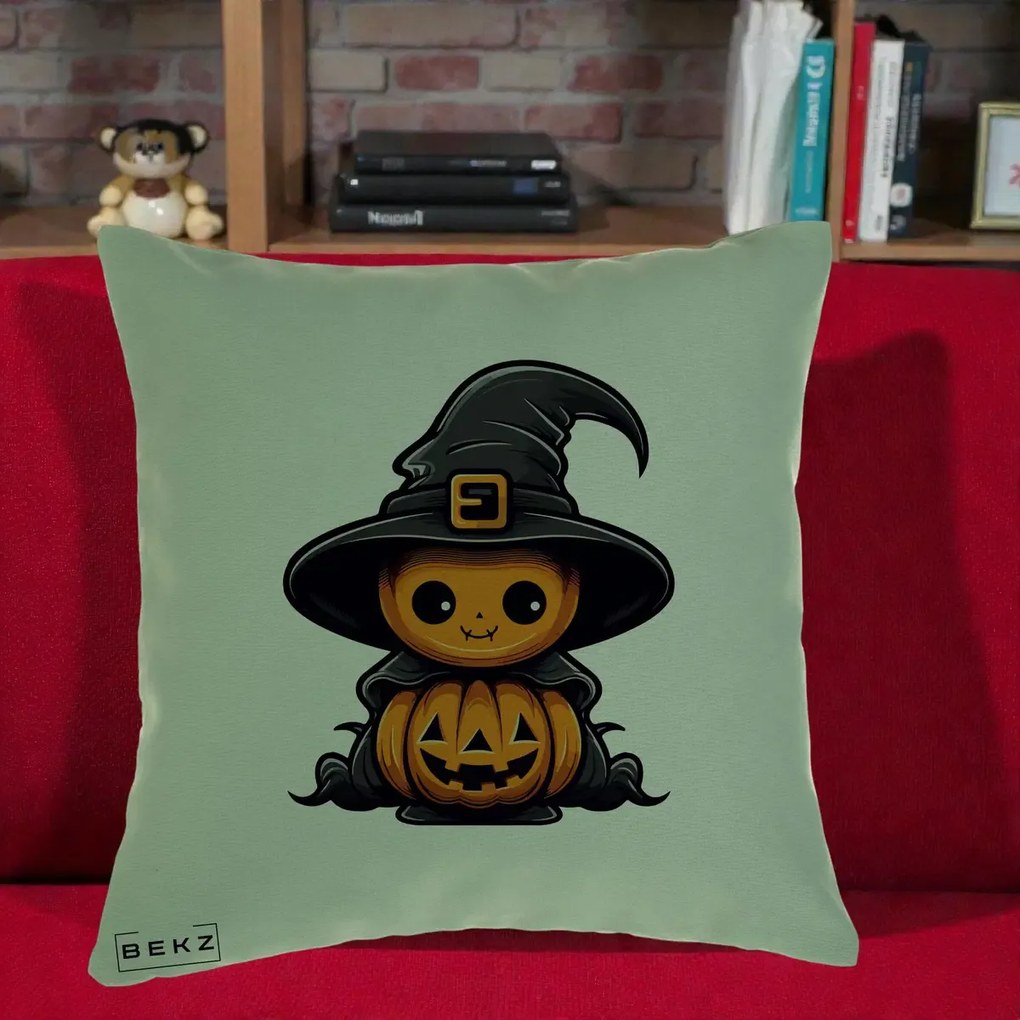 Perna Decorativa Halloween Dovleac Vrajitor Kawaii, 40x40 cm, Verde, Husa Detasabila, Perna Inclusa, BEKZ®