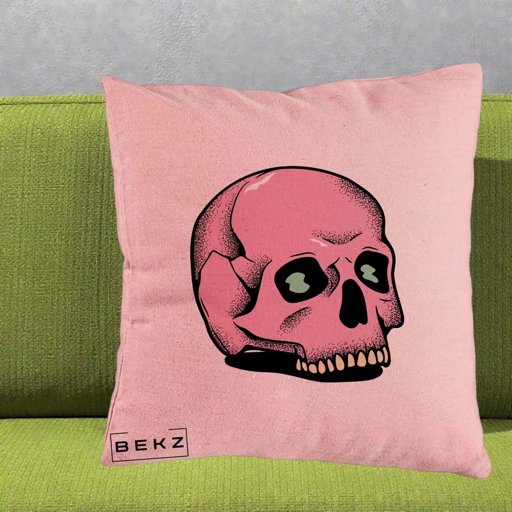 Perna Decorativa Craniu Roz Tatoo Art Halloween, 40x40 cm, Roz, Husa Detasabila, Perna Inclusa, BEKZ®