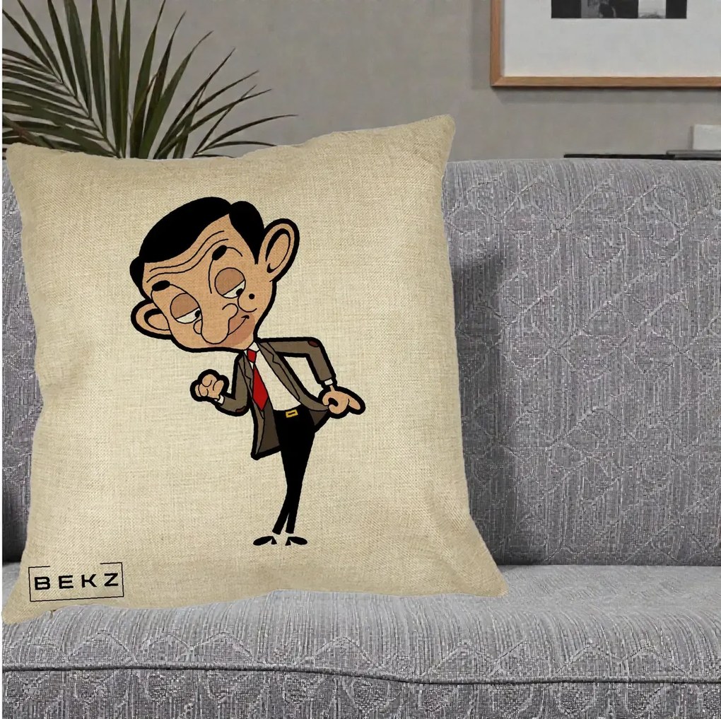 Perna Personalizata Mr. Bean Caricatura, 40x40 cm, Crem, Husa Detasabila, Perna Inclusa, BEKZ®