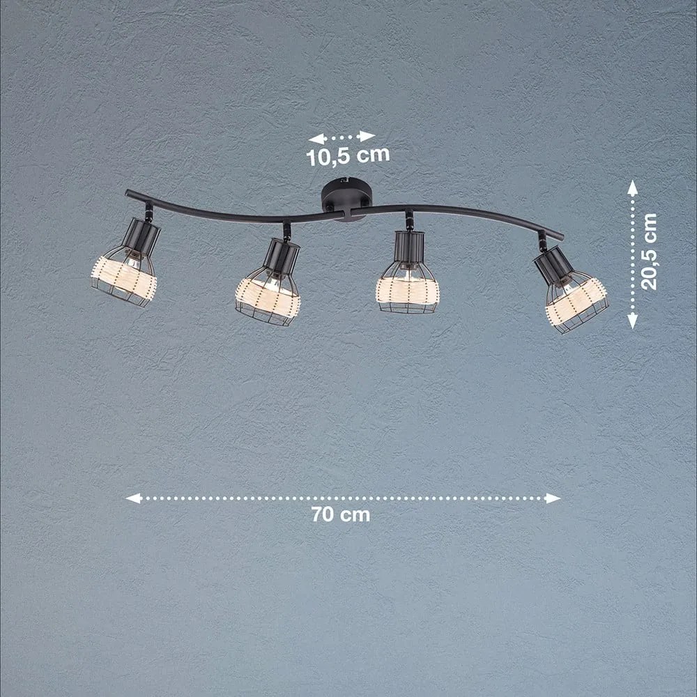 Plafonieră neagră cu abajur din metal/cu abajur din ratan 10,5x70 cm Straw – Fischer & Honsel
