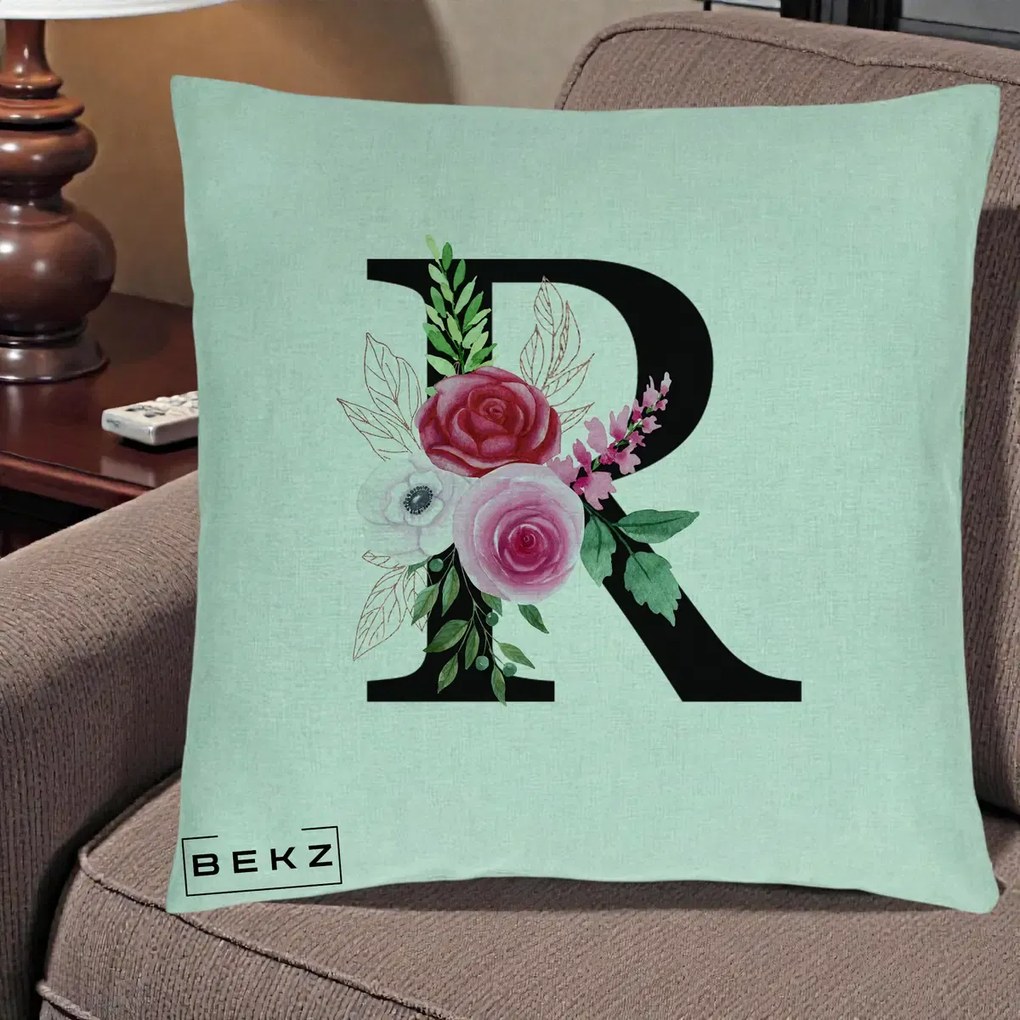 Cadou Personalizat - Perna Personalizata Monograma Florala Litera R, 40x40 cm, Verde Menta, Husa Detasabila, Perna Inclusa, BEKZ®