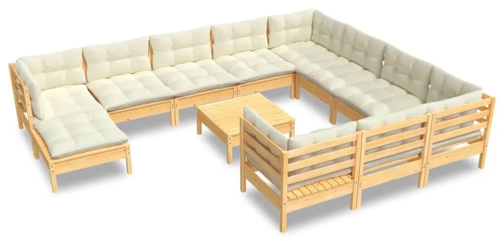 Set mobilier gradina cu perne crem, 12 piese, lemn de pin maro si crem, 1