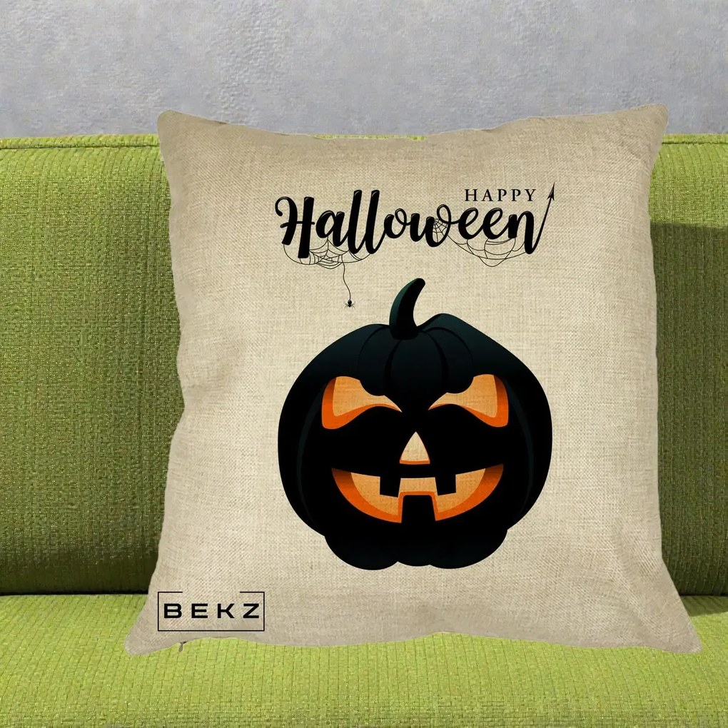 Perna Decorativa Happy Halloween Dovleac Negru cu Paianjen, 40x40 cm, Crem, Husa Detasabila, Perna Inclusa, BEKZ®