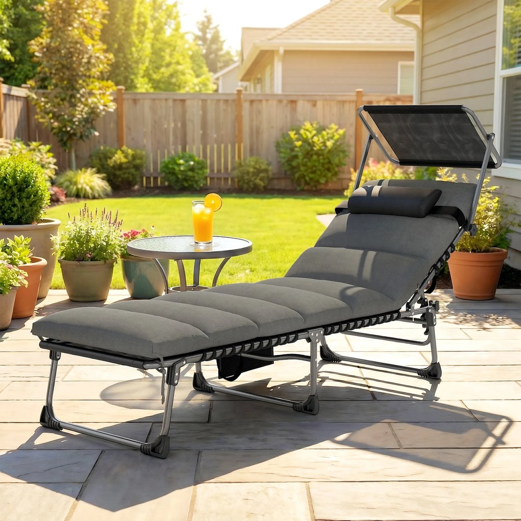 Outsunny Șezlong 5 poziții reglabil, cu copertină, pernă, suport pentru cap și buzunar lateral, 190x57x30cm, Gri închis | Aosom Romania