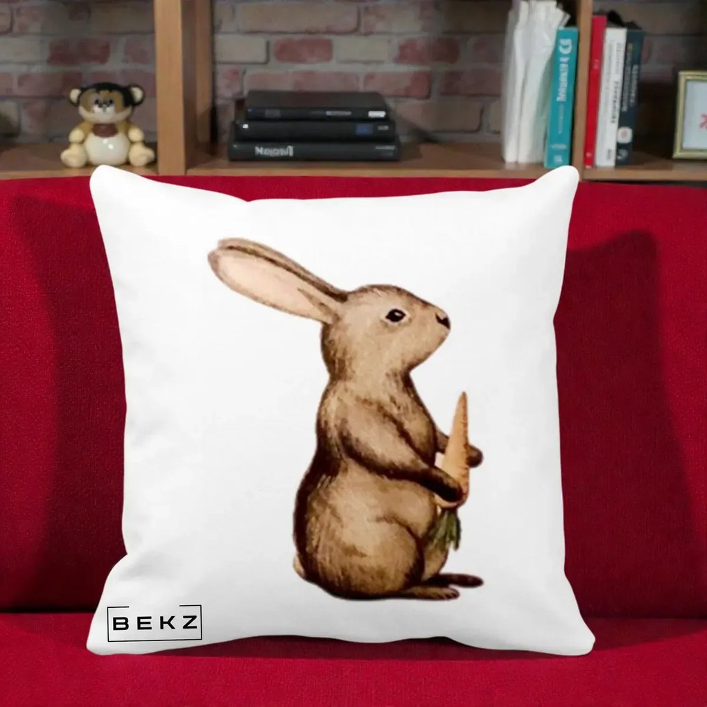 Perna Decorativa Iepuras Acuarela cu Morcov, 40x40 cm, Alba Mata, Husa Detasabila, Perna Inclusa, BEKZ®