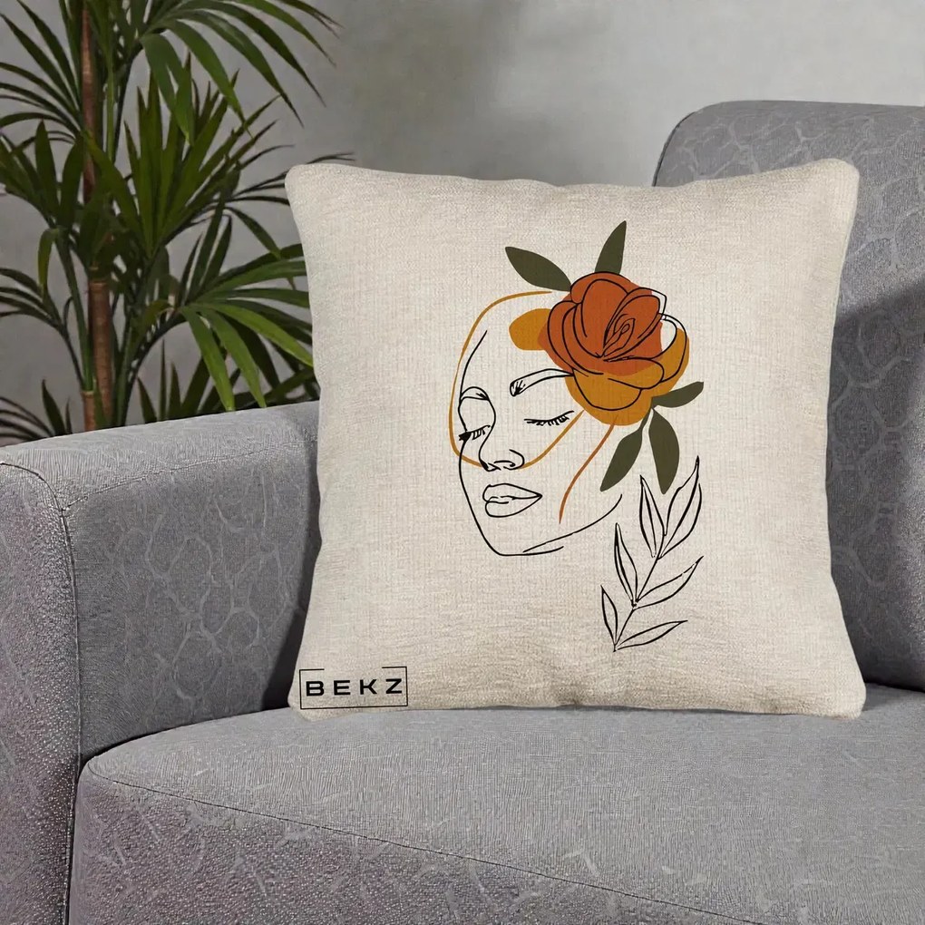 Perna Decorativa Portret Feminin Trandafir Ruginiu, 40x40 cm, Bej Canapea, Husa Detasabila, Perna Inclusa, BEKZ®