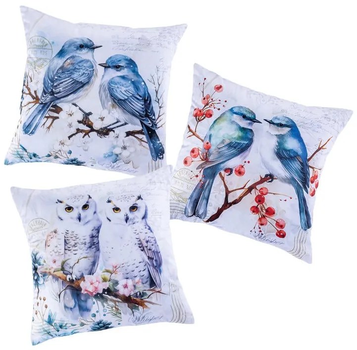 Set de 3 feţe de pernuţe PĂSĂRI DE IARNĂ 45 x 45 cm