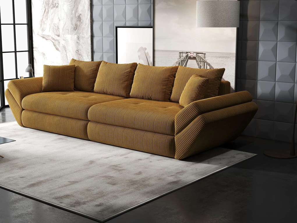 Canapea extensibilă dumonde cu ladă de depozitare si sezut confortabil din spuma high-density, Loana Zoom Mustar 300x100 cm