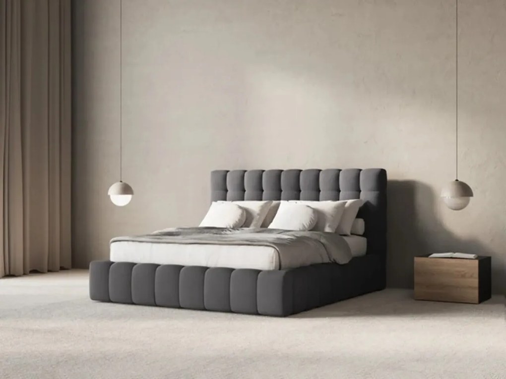 Pat tapitat cu tablie si lada depozitare, Mamaia, Micadoni Home, BL, 180x200 cm, catifea, gri