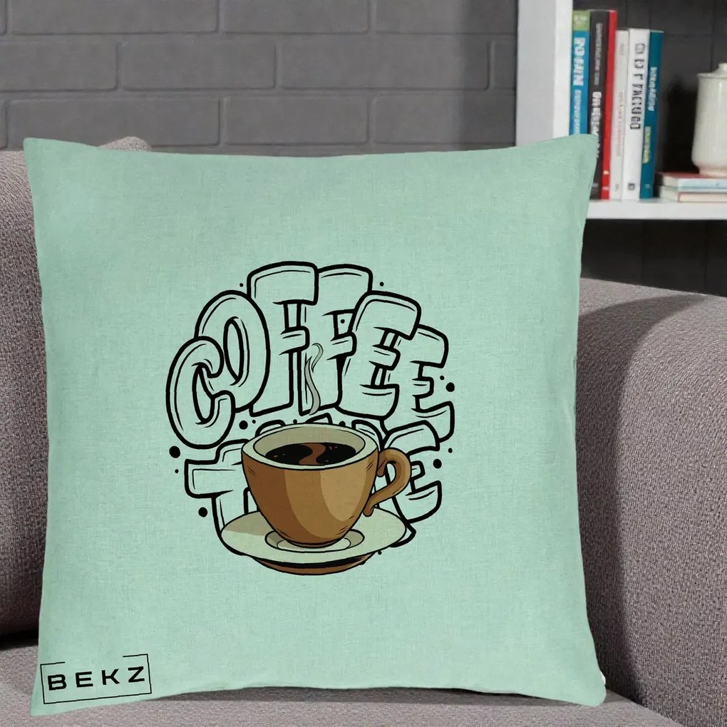 Perna Personalizata COFFEE cu Cana, 40x40 cm, Verde Menta, Husa Detasabila, Perna Inclusa, BEKZ®