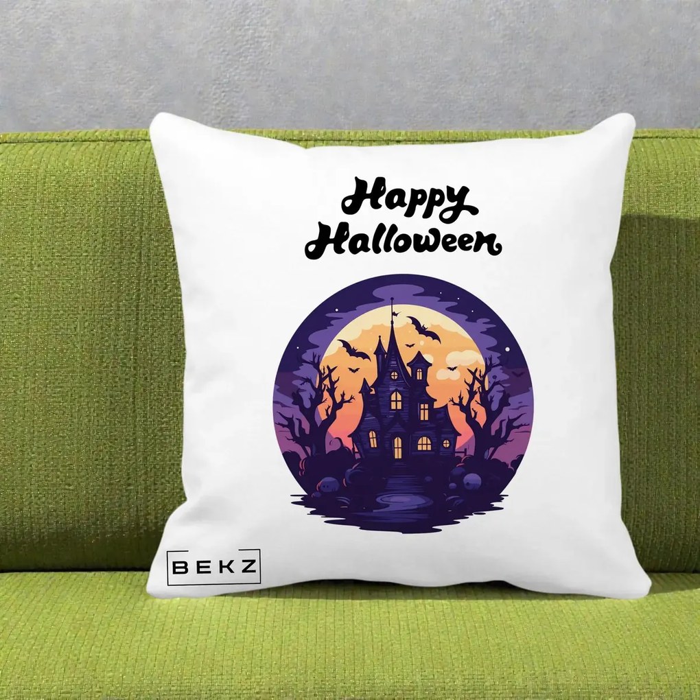 Perna Decorativa Happy Halloween Casa Bantuita Violet, 40x40 cm, Alba Mata, Husa Detasabila, Perna Inclusa, BEKZ®